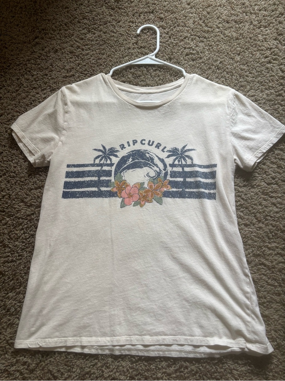 Rip Curl Cream Tee with Navy Surf Graphic and Floral Accent